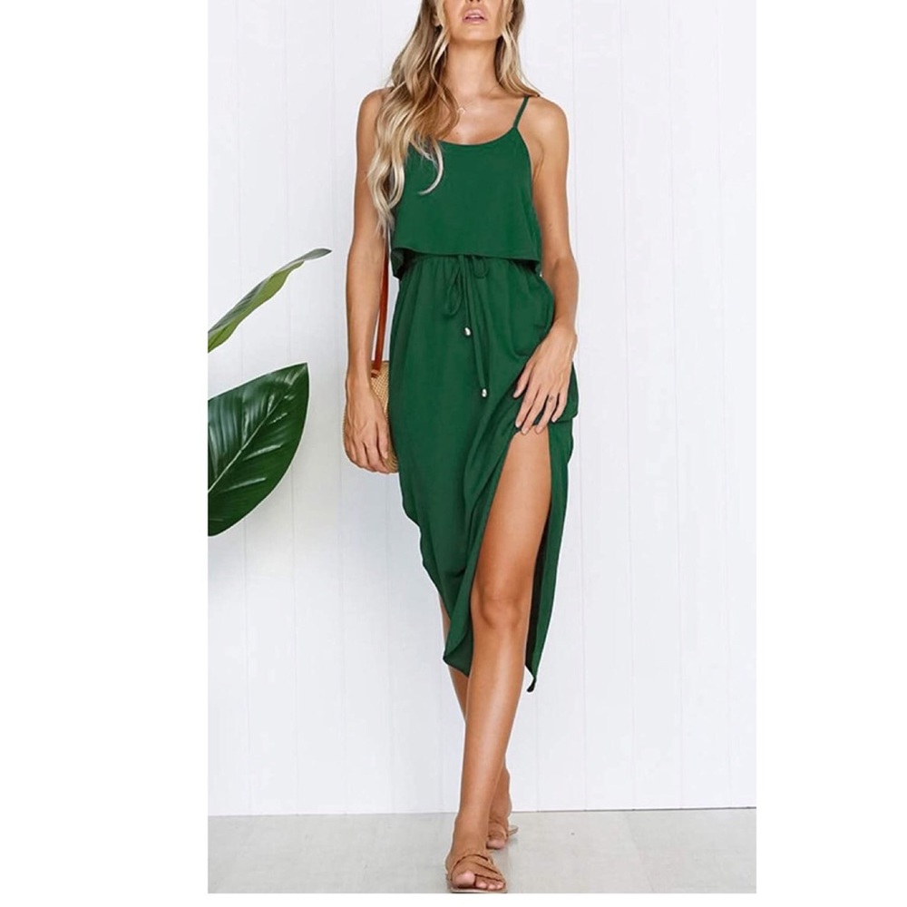 Green Casual Dress Adjustable Strappy Split - Picture 3 of 6